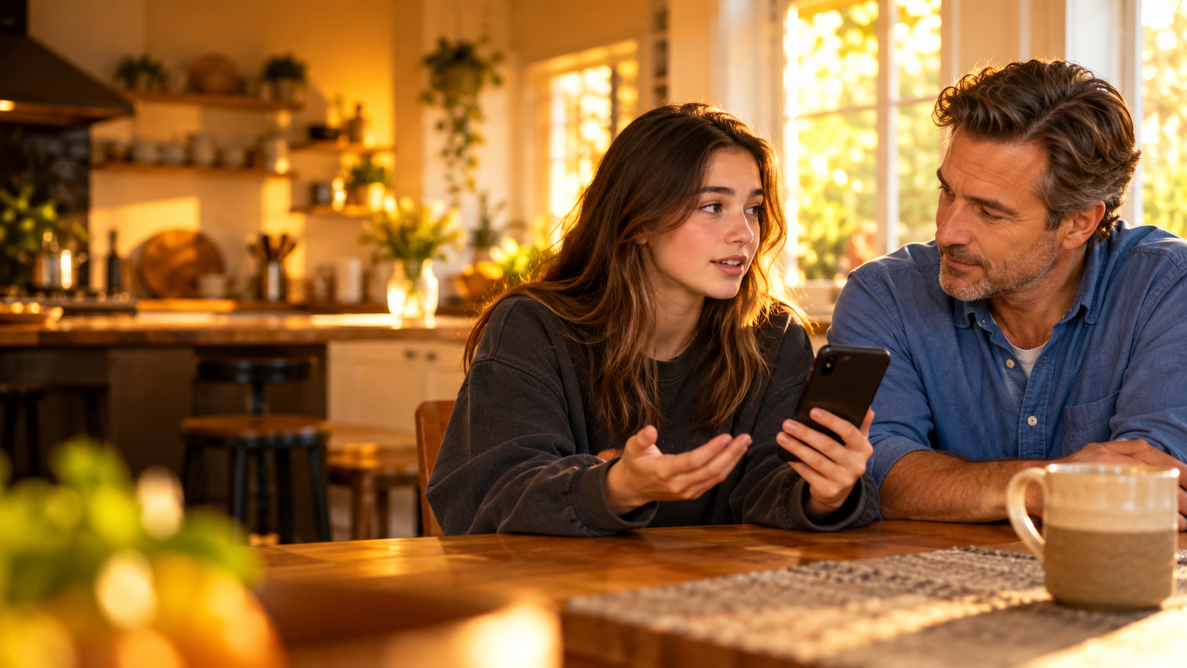 Teen and father discuss a phone together at a kitchen table