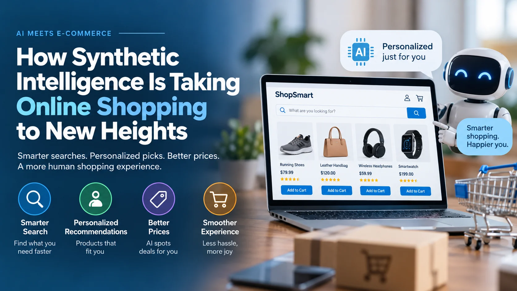 Laptop, phone and parcel scene representing AI-assisted online shopping