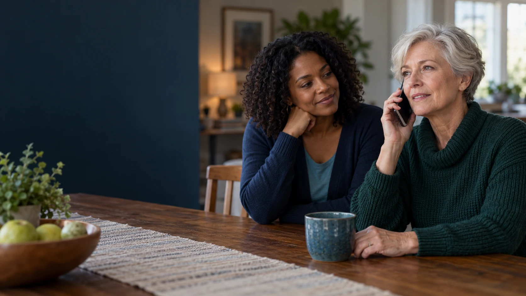 An older woman calls for support beside a trusted companion.