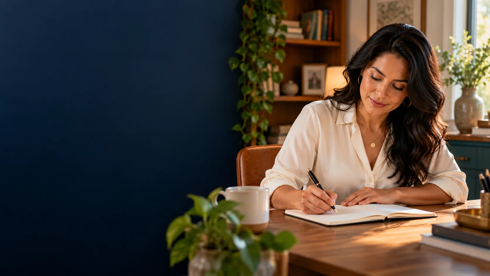 Woman writing a brief appointment note at a home desk