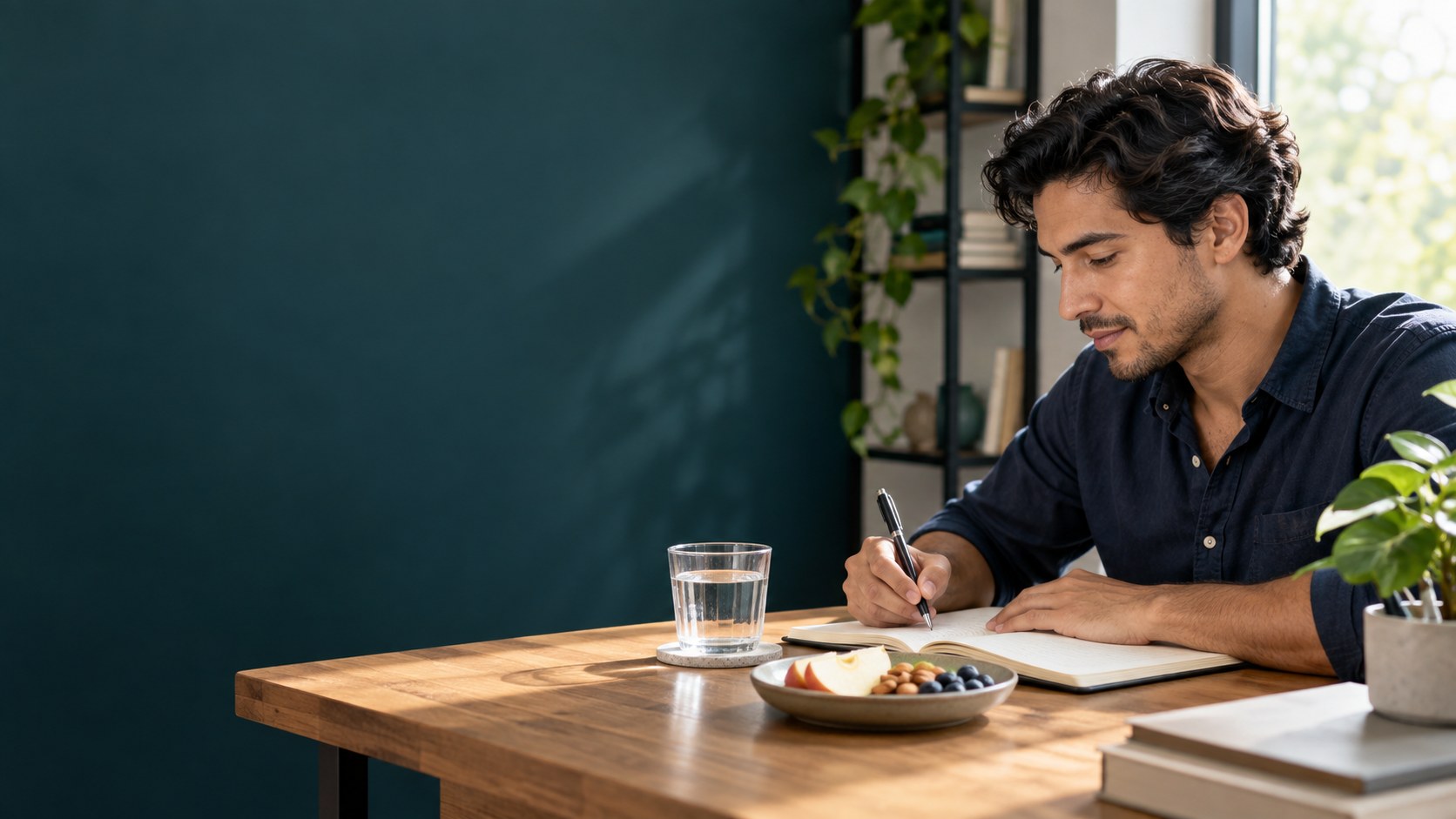 Man recording an appointment note beside food and water