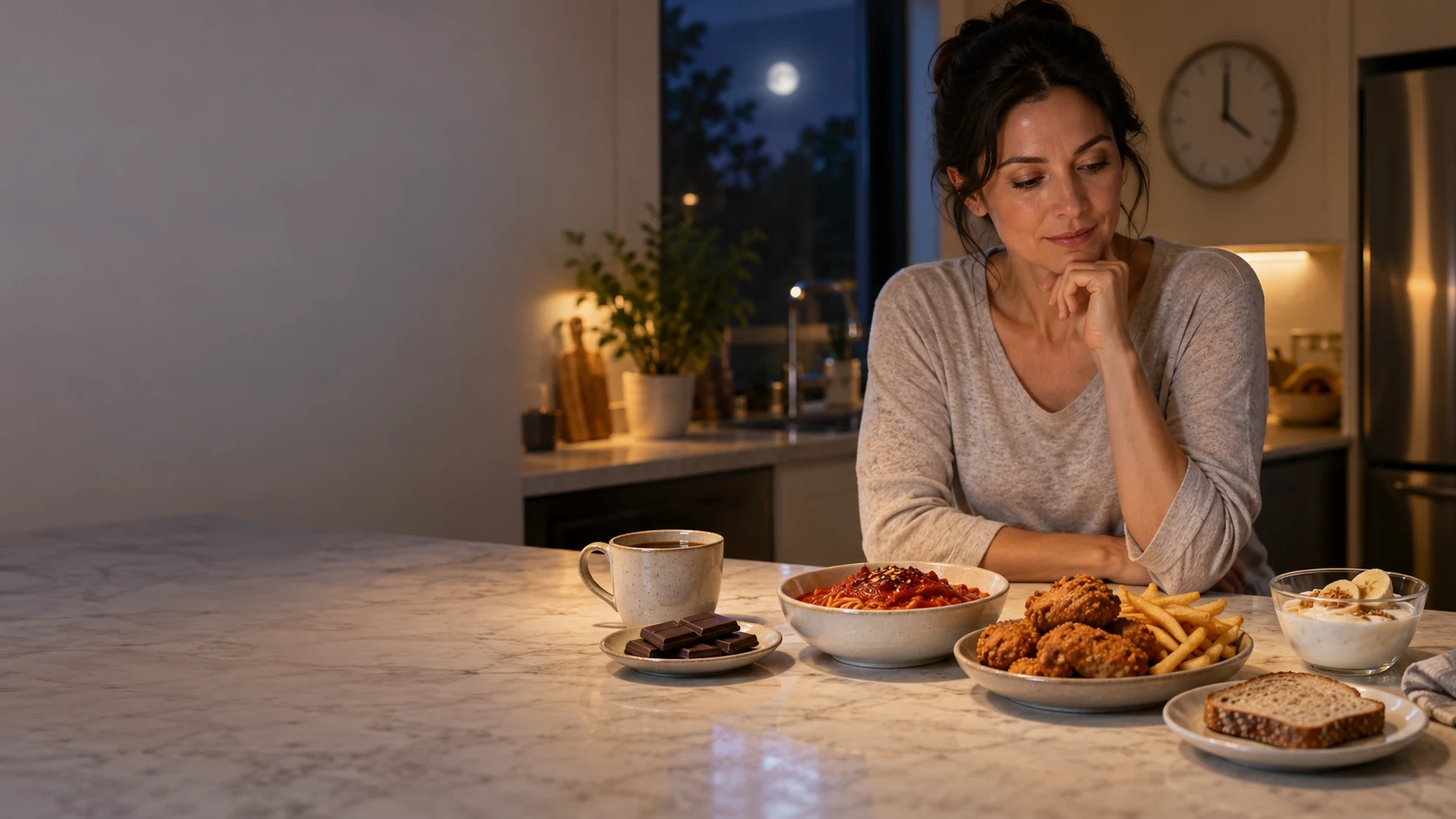 Nighttime kitchen with several late snack and meal choices on a counter