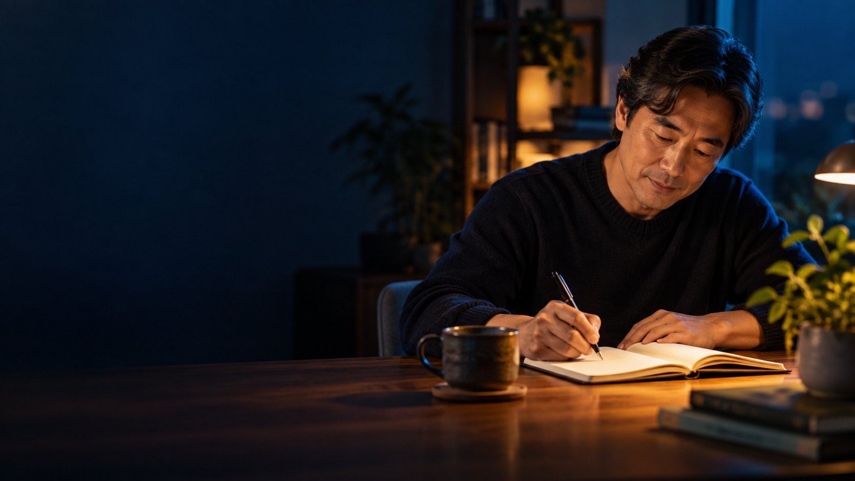 Person calmly reviewing a blank personal journal