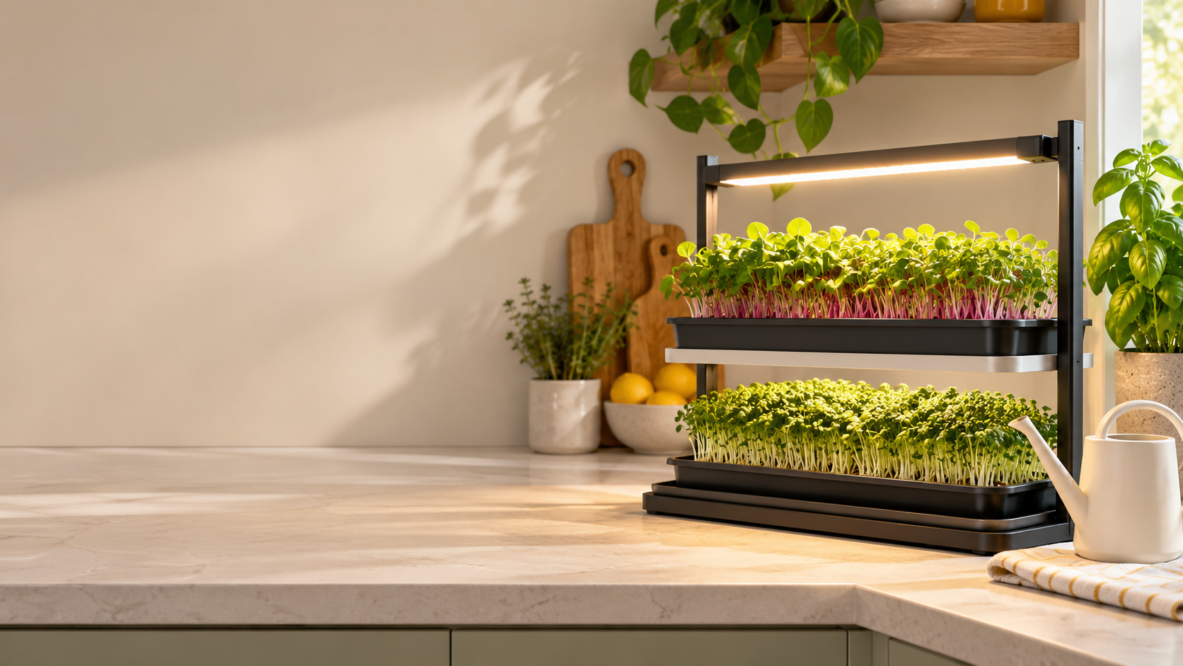 Compact microgreens station on an apartment countertop