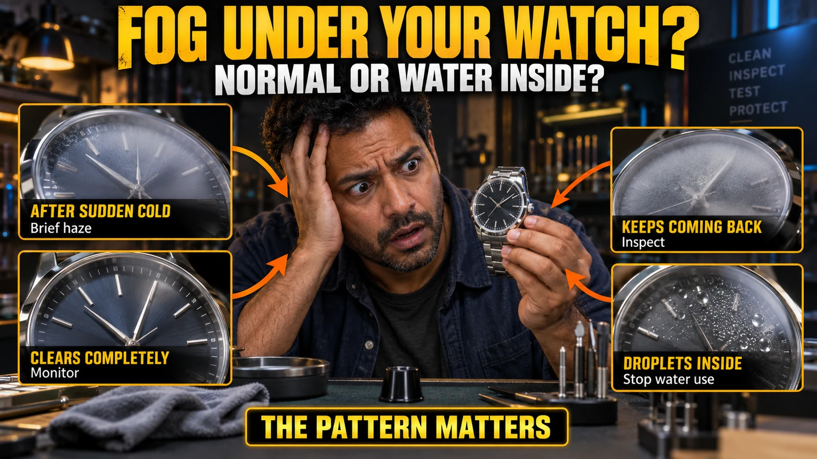 Watch owner comparing brief haze, recurring fog, and visible droplets under a watch crystal.