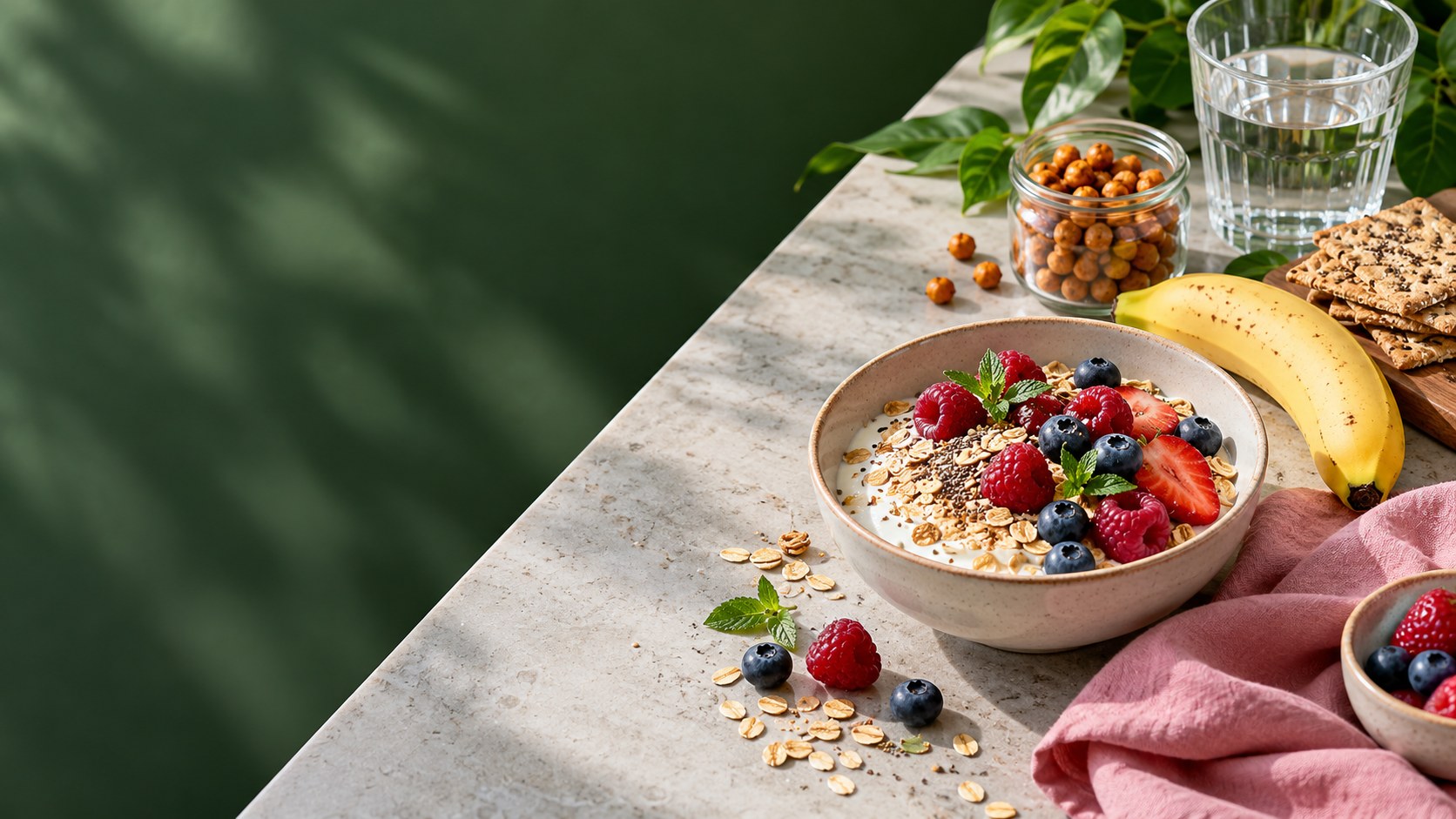 Yogurt, fruit, oats and chickpeas arranged for a workday snack