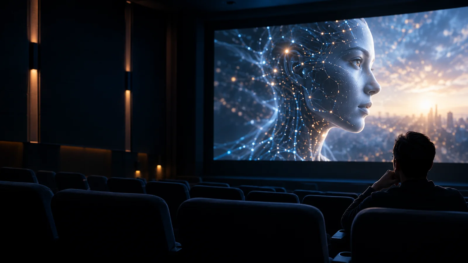 A viewer in a dark cinema watching an abstract humanoid AI on a large screen