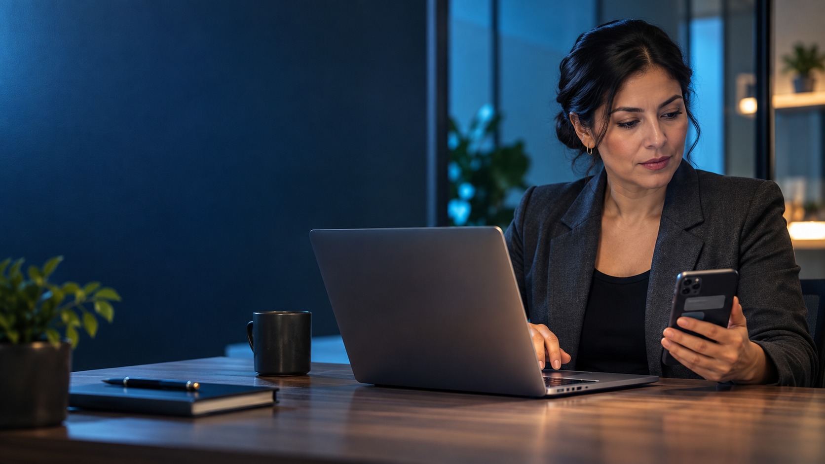 IT professional comparing a laptop and personal phone