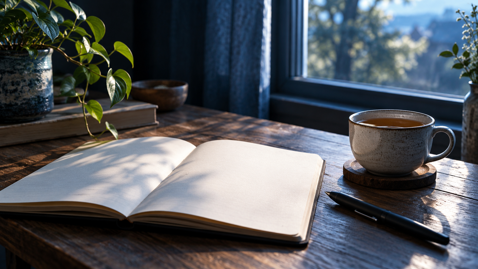 Journal and pen on a table