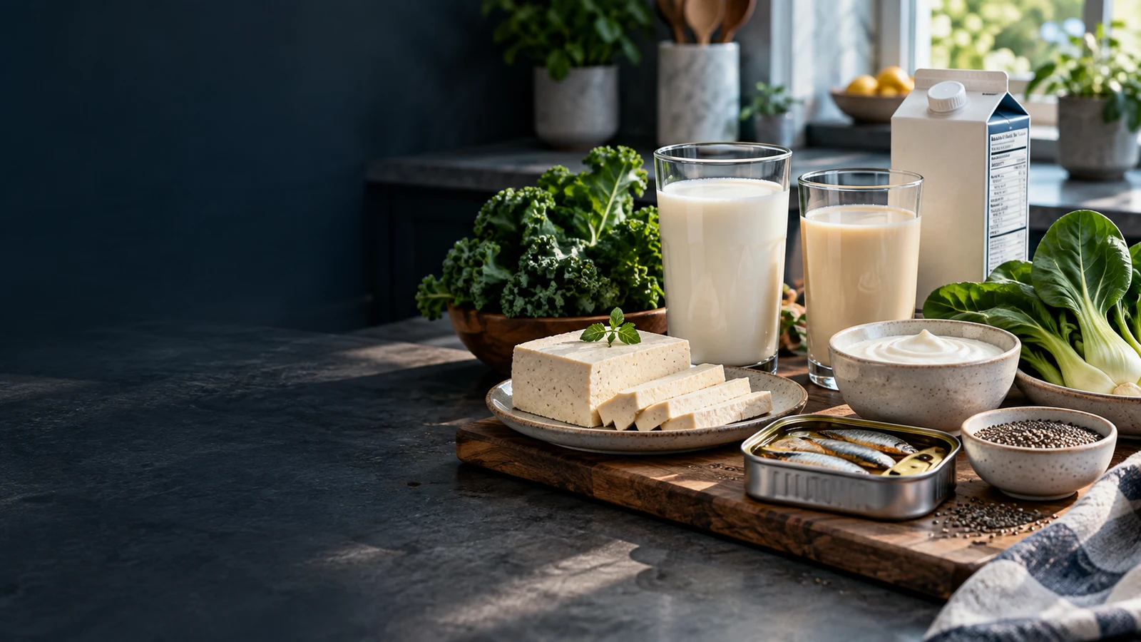 Calcium-rich foods including milk, fortified plant beverage, tofu, greens, yogurt, sardines and chia seeds