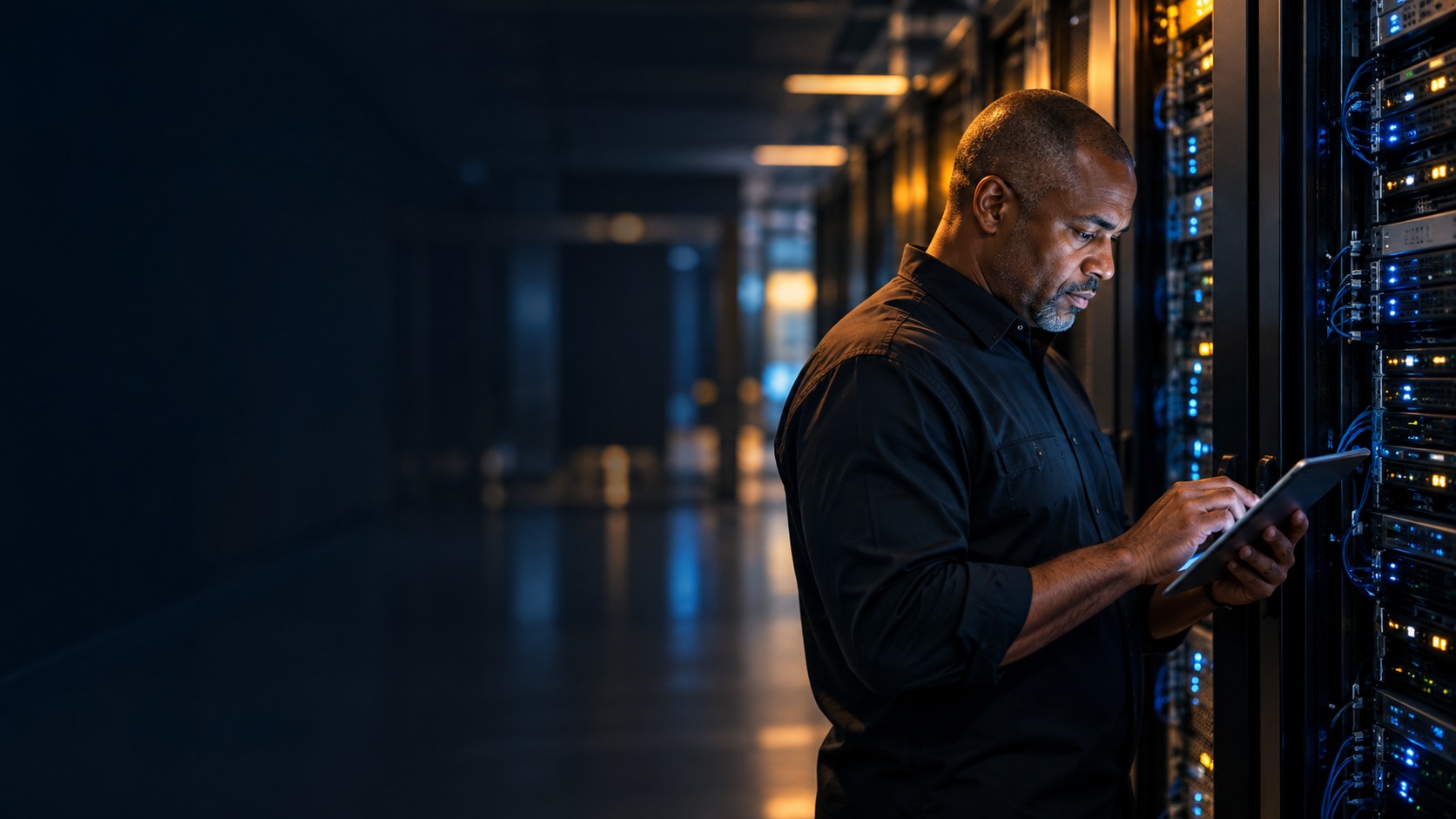 Administrator inspecting server racks