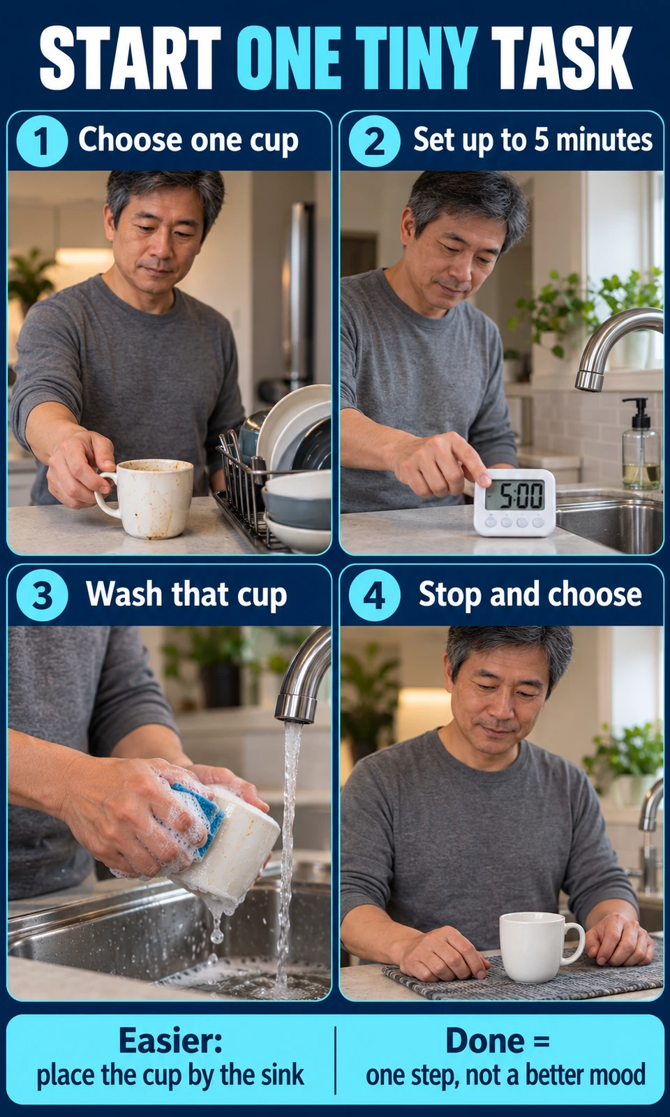 Four panels show choosing one cup, setting a short timer, washing the cup and pausing, with placing it by the sink as an easier option.