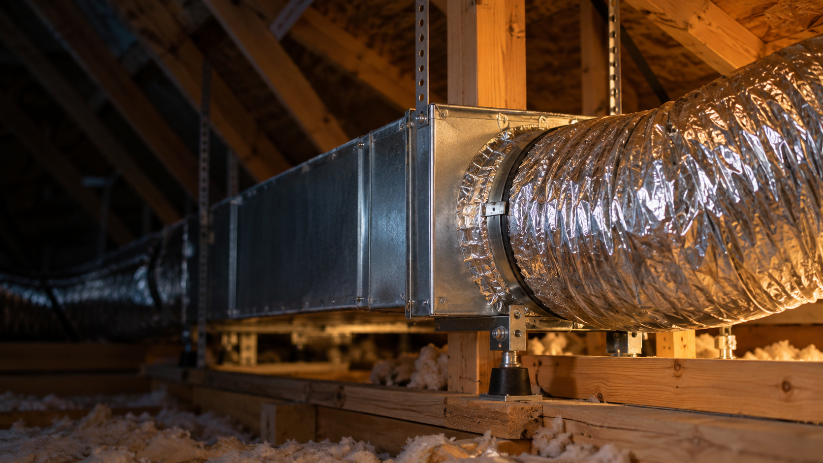 Insulated flexible air-conditioning duct joined to a metal trunk in an attic