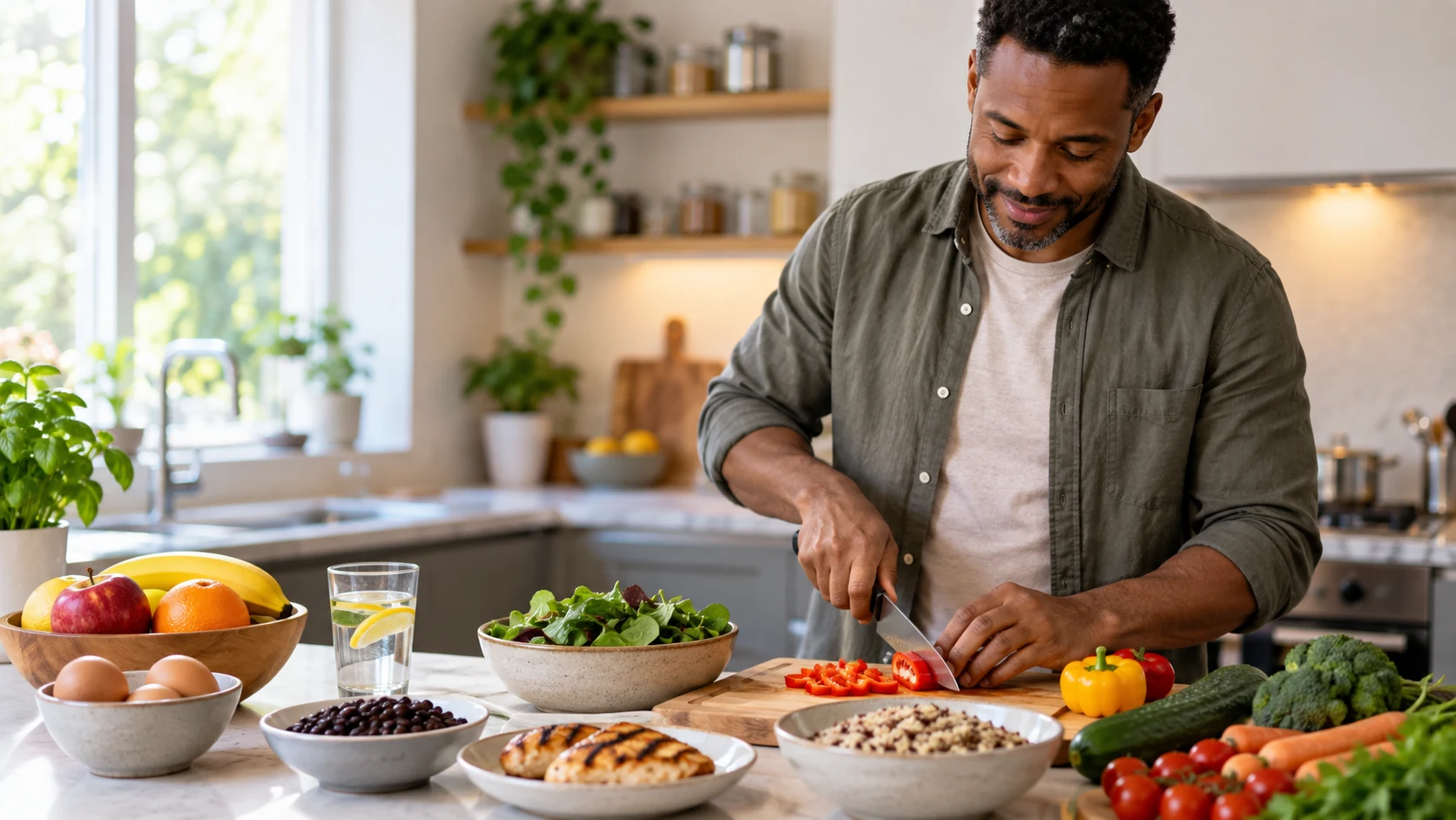 Man preparing a colorful meal with vegetables, grains and protein in a bright home kitchen