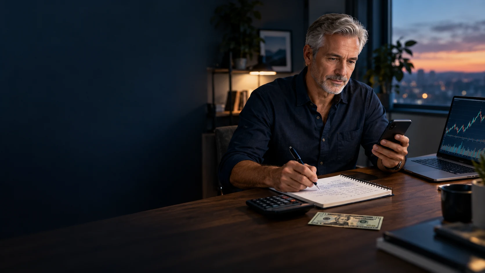 Investor checking a small investing budget at a desk