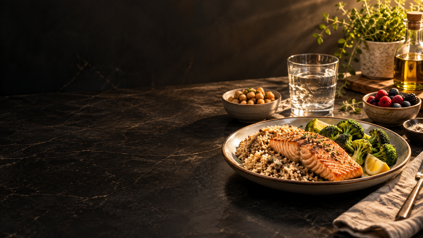 Balanced meal with salmon, vegetables, grains and water