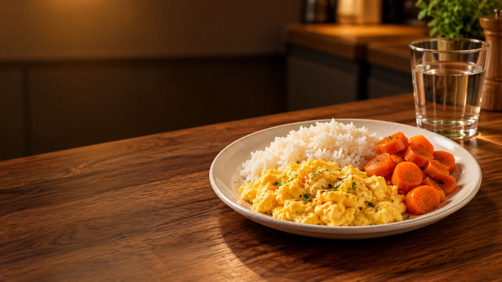 Soft rice, scrambled egg and cooked carrots beside a glass of water