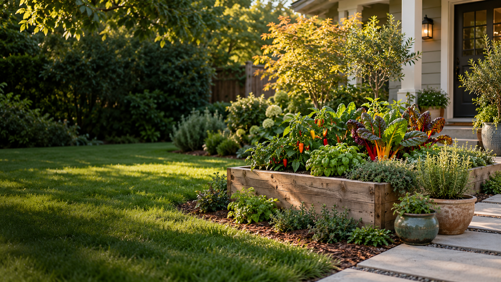 Neat vegetable beds and containers beside a clear front entrance.