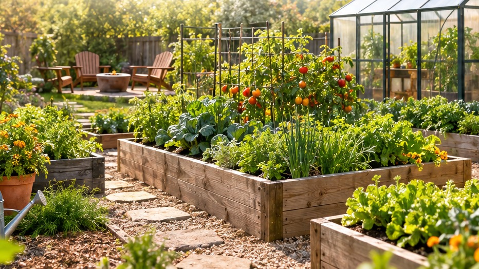 Productive backyard vegetable garden with raised beds, trellises and paths