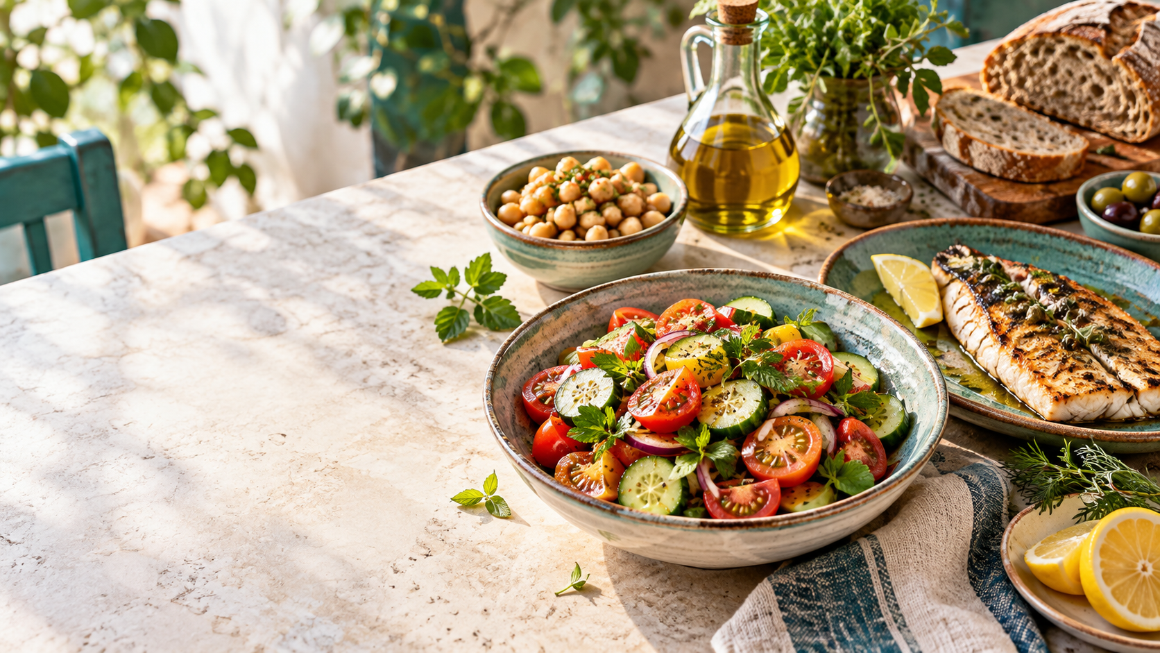 Mediterranean salad, chickpeas, olive oil, fish and whole-grain bread on a table