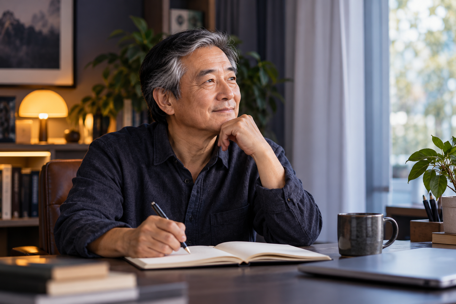 An adult writing in a journal at a desk