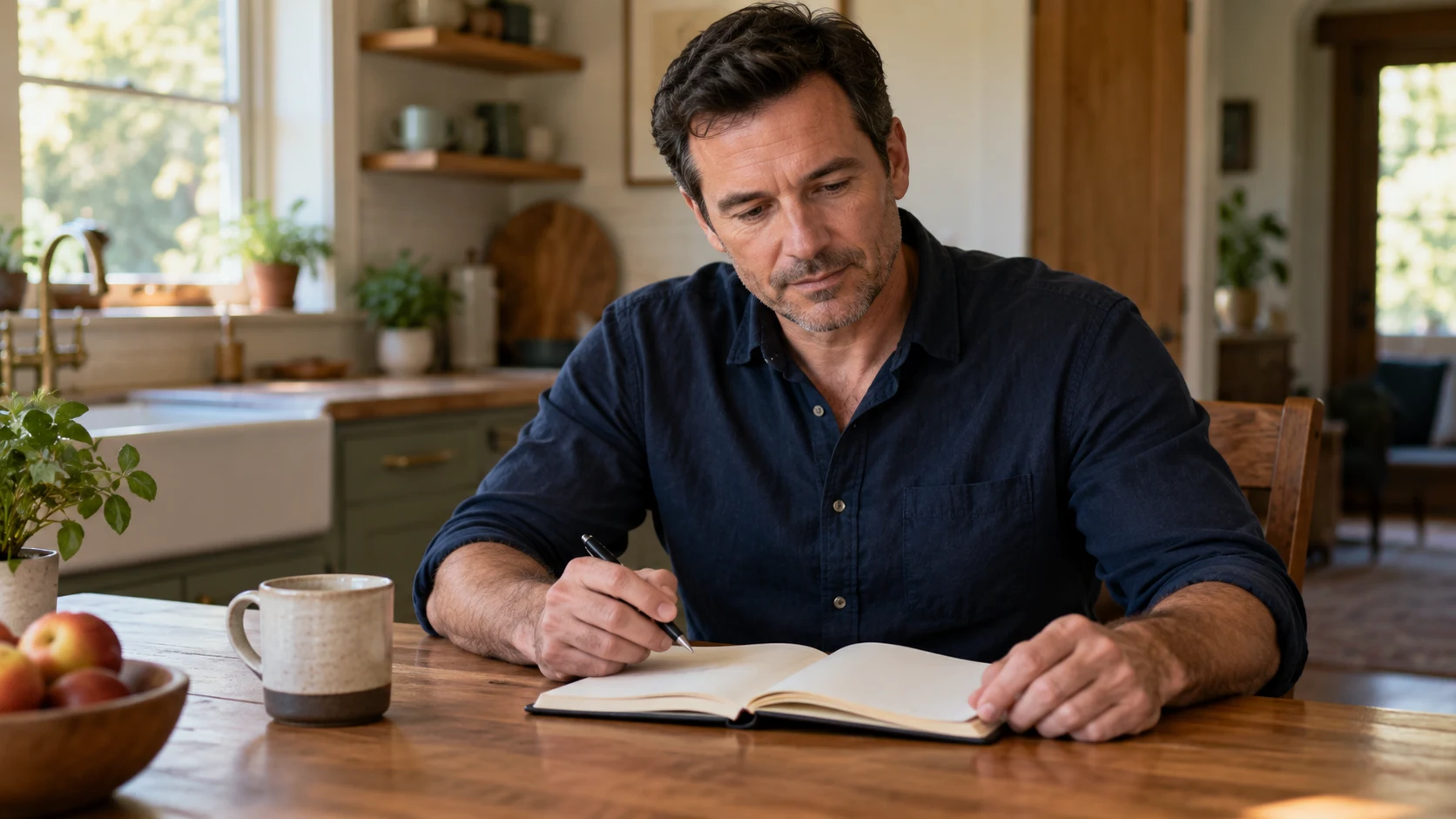 Man reviewing a notebook before an appointment