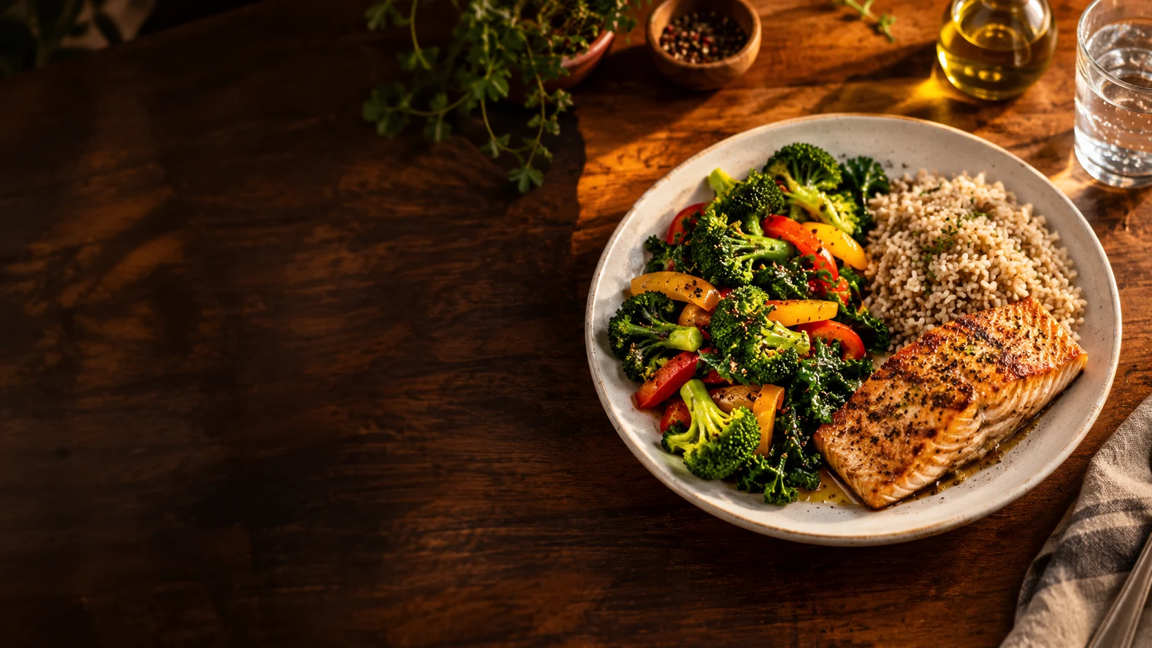 Vegetables, fish and brown rice on a dinner plate