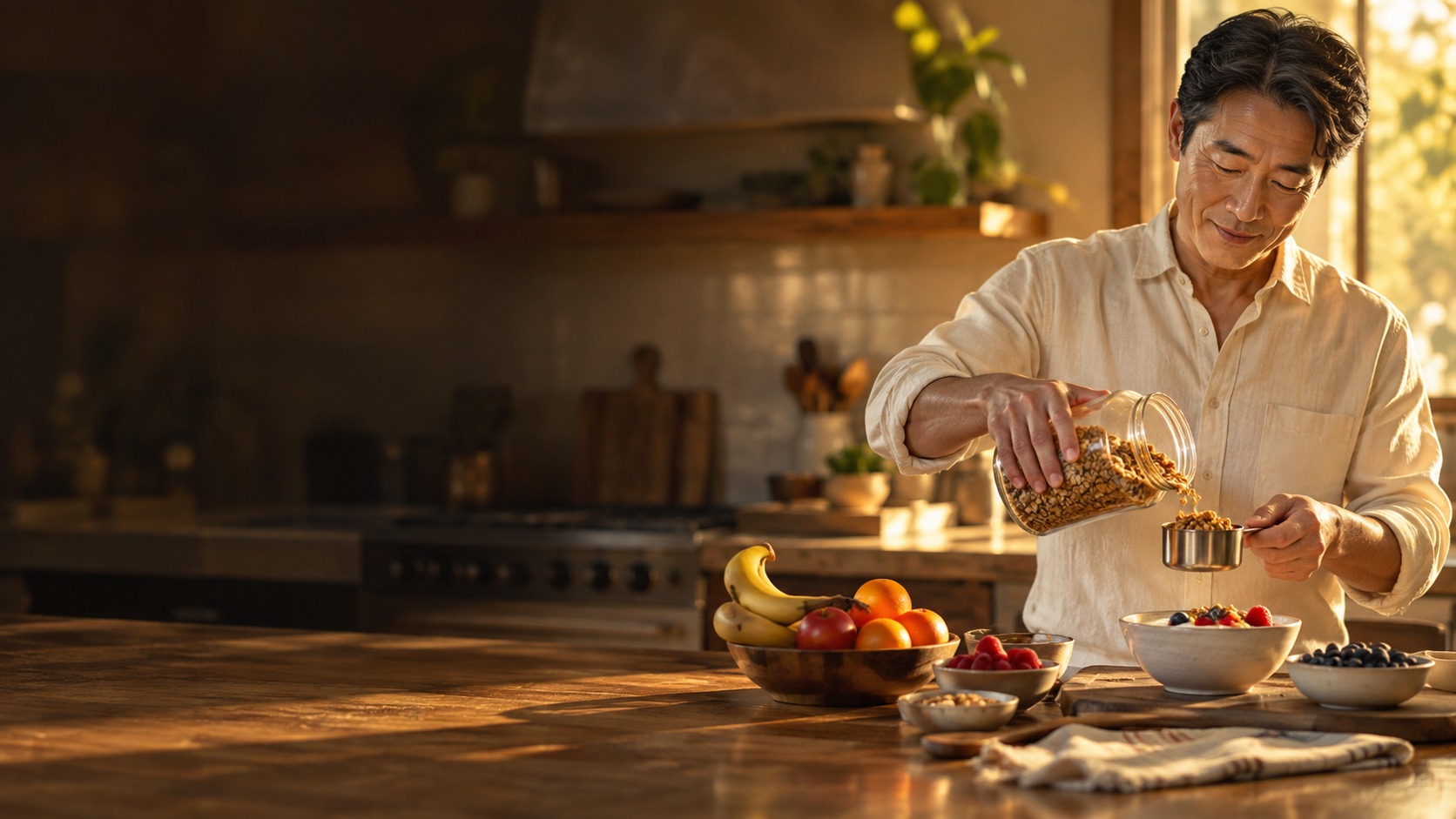 A man measuring granola beside yogurt and fruit