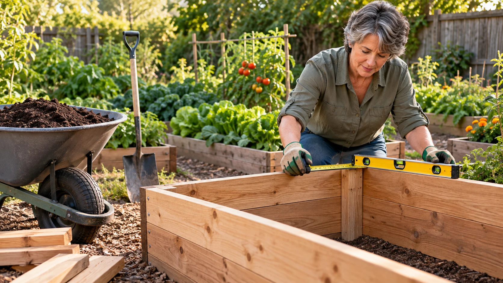 Gardener measuring and leveling a wooden raised vegetable bed
