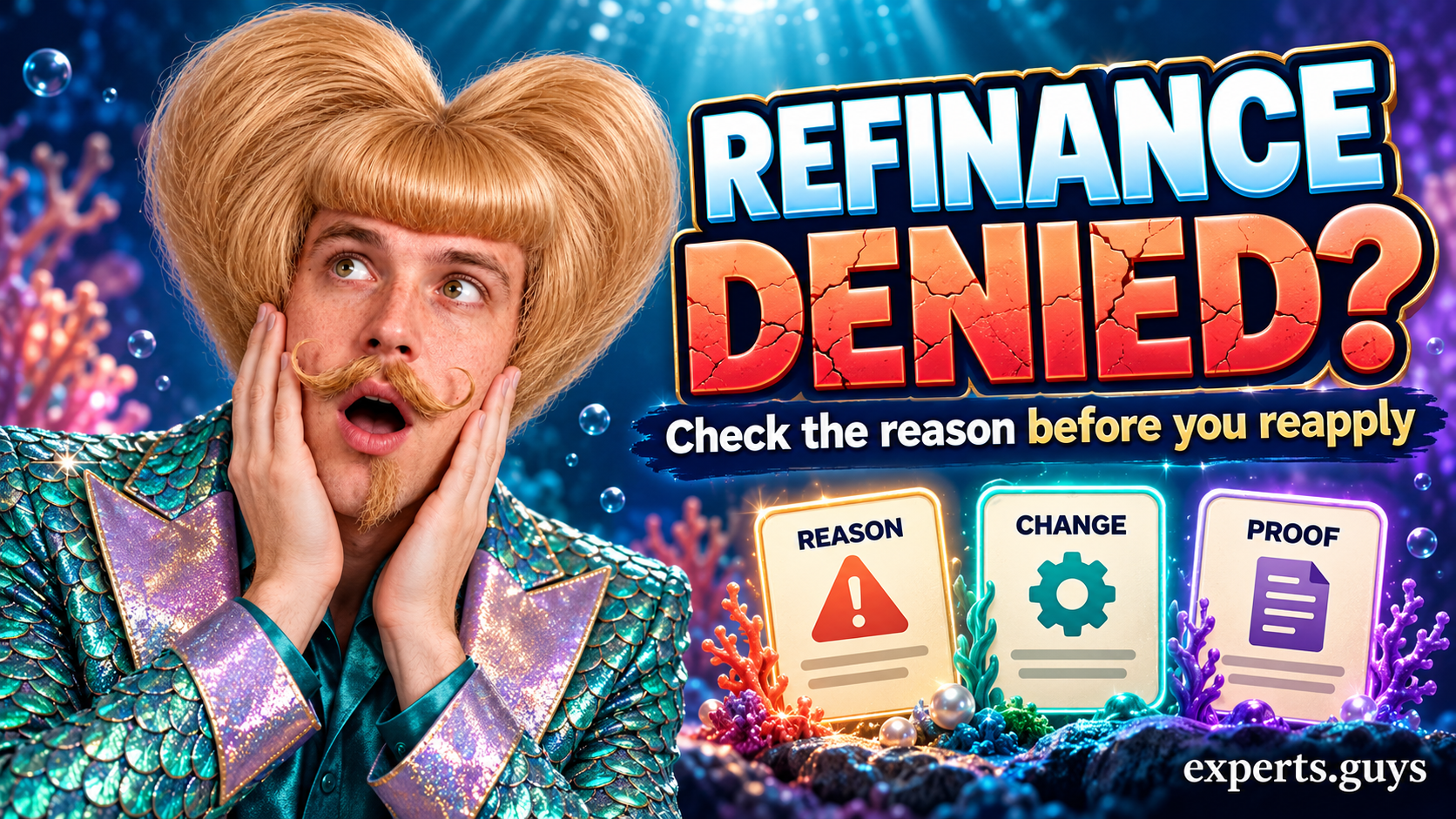 A surprised man considers the reason, change and proof behind a refinance denial.