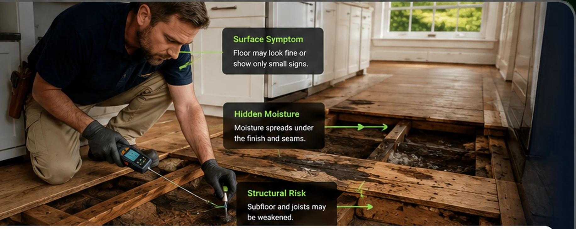Professional technician inspecting a water-damaged residential subfloor with a moisture meter beside exposed floor framing.