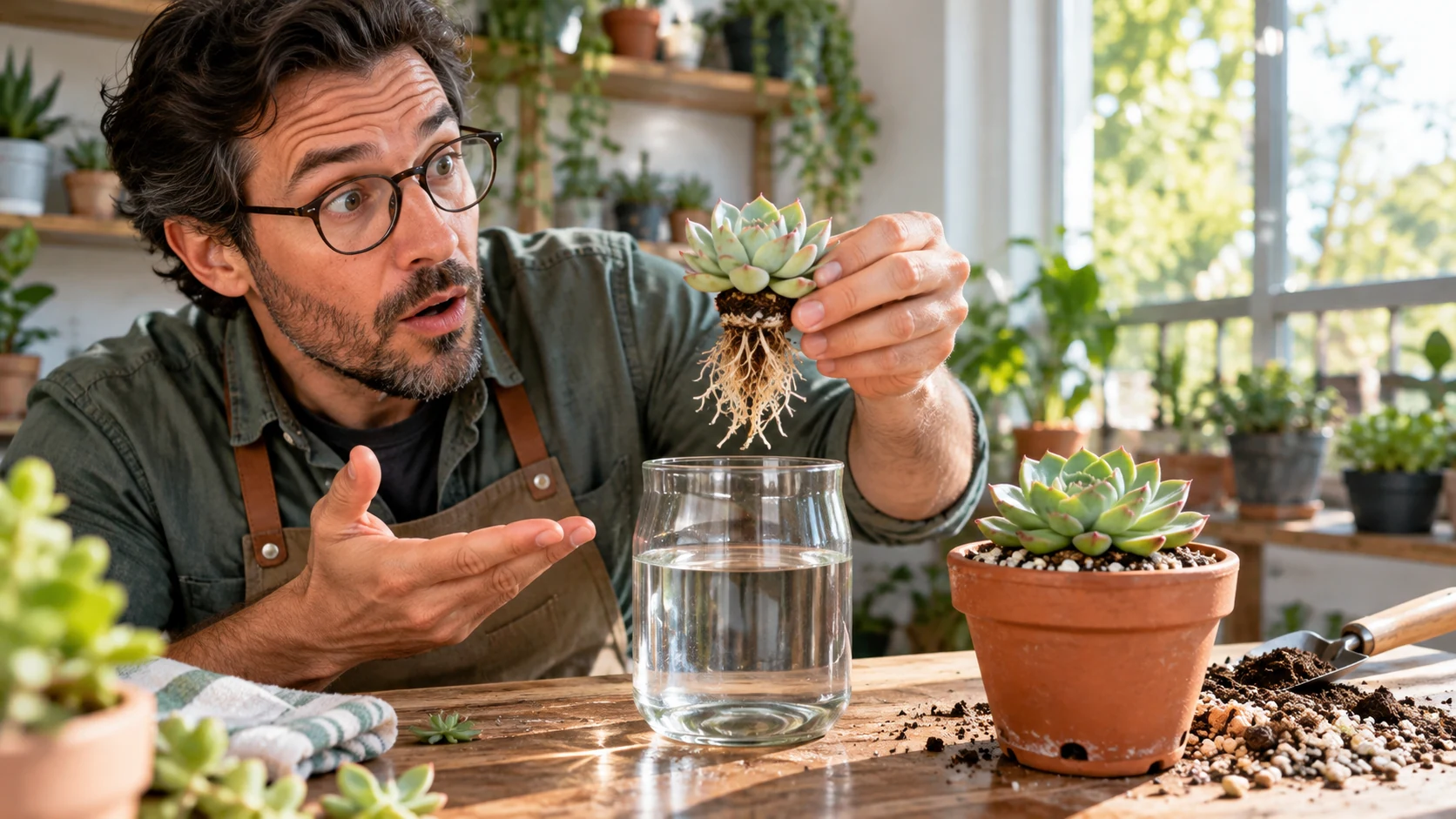 Home gardener comparing a succulent with exposed roots above a glass of water and a similar plant in a drained terracotta pot.