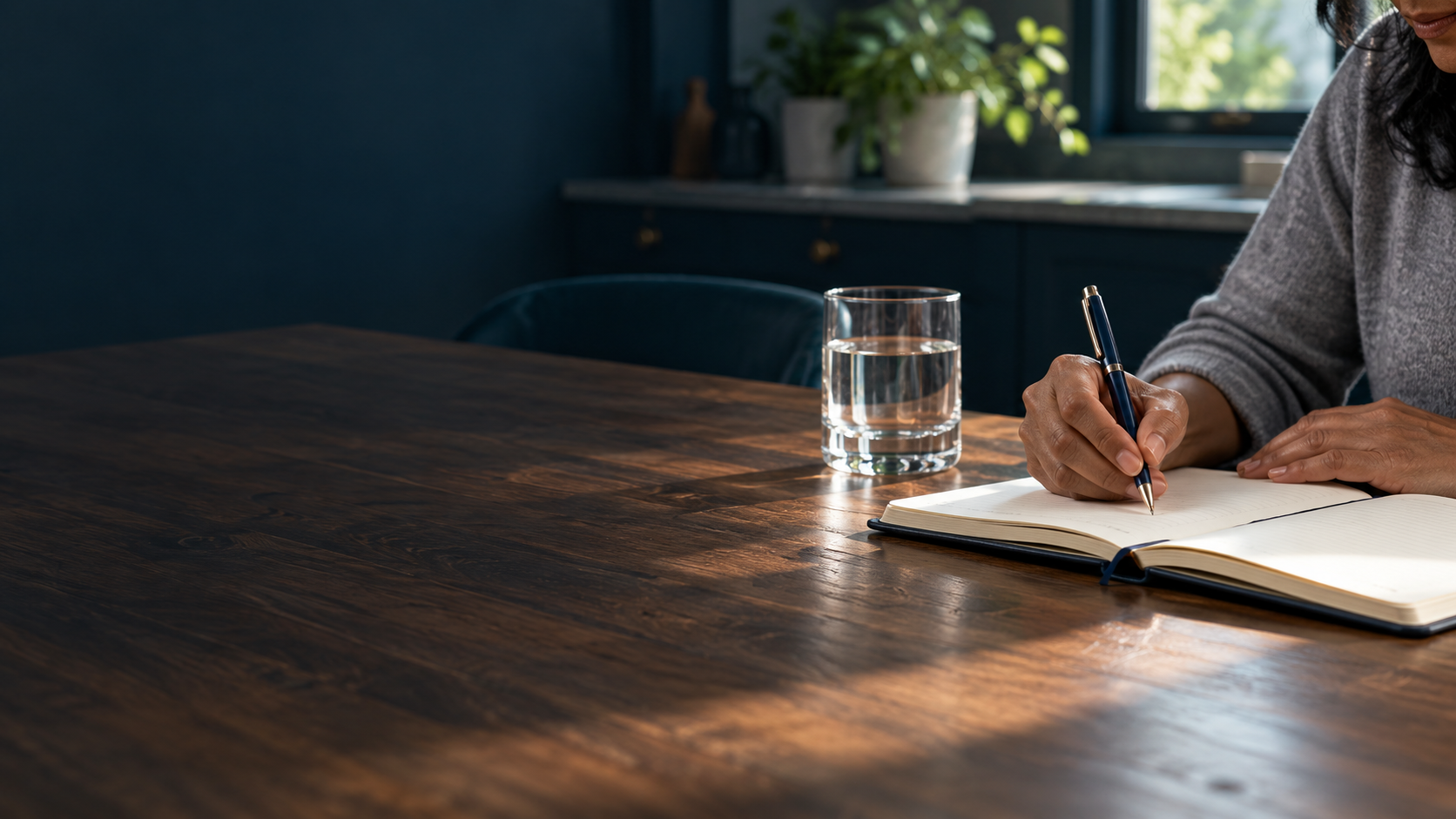 Notebook and water glass on a table