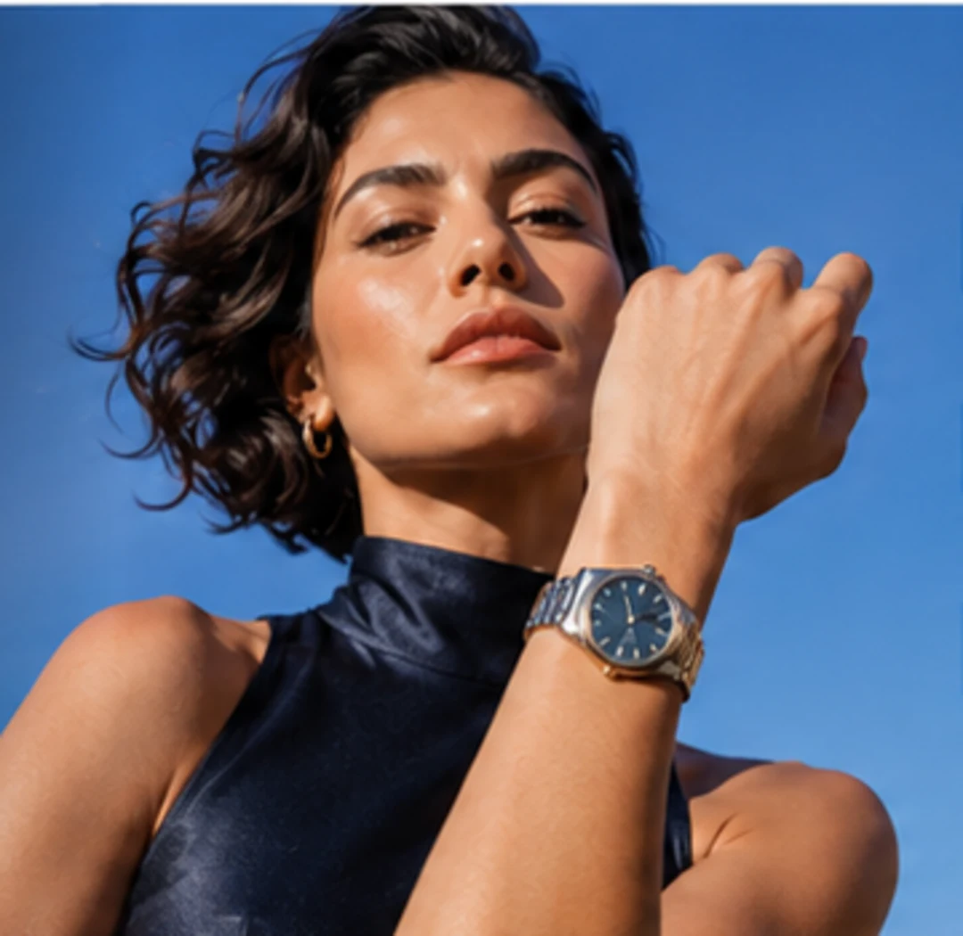 Original editorial photograph of a woman checking an unbranded wristwatch against a clear blue sky