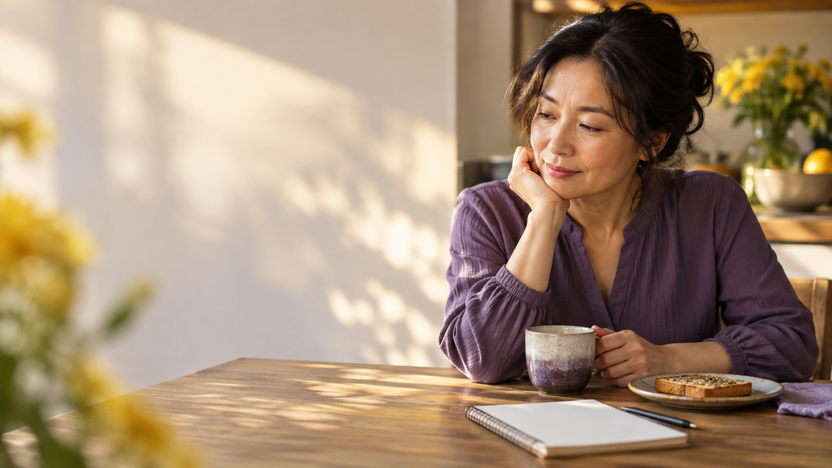Woman considering a drink, snack, and symptom notebook at a kitchen table