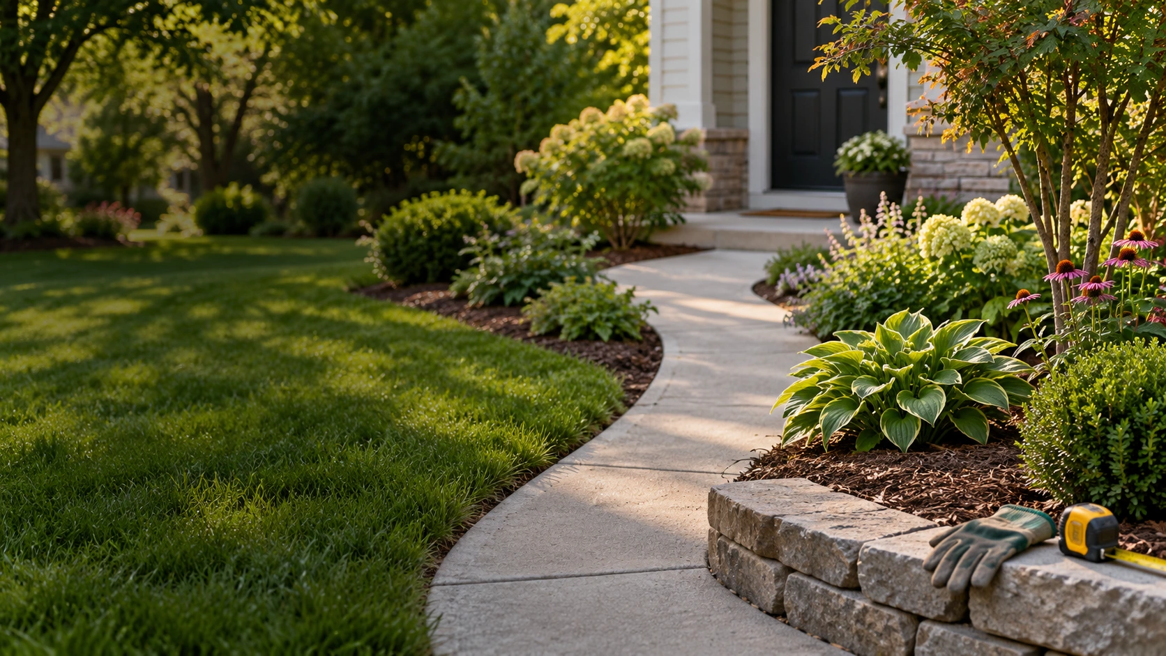 A modest planted front-yard bed beside an existing entrance path
