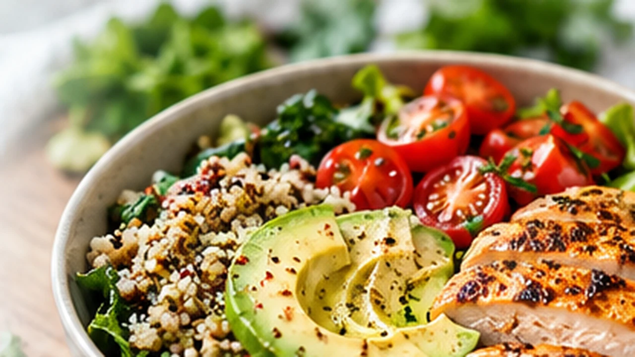Bowl with grilled chicken, avocado, grains, greens, and tomatoes