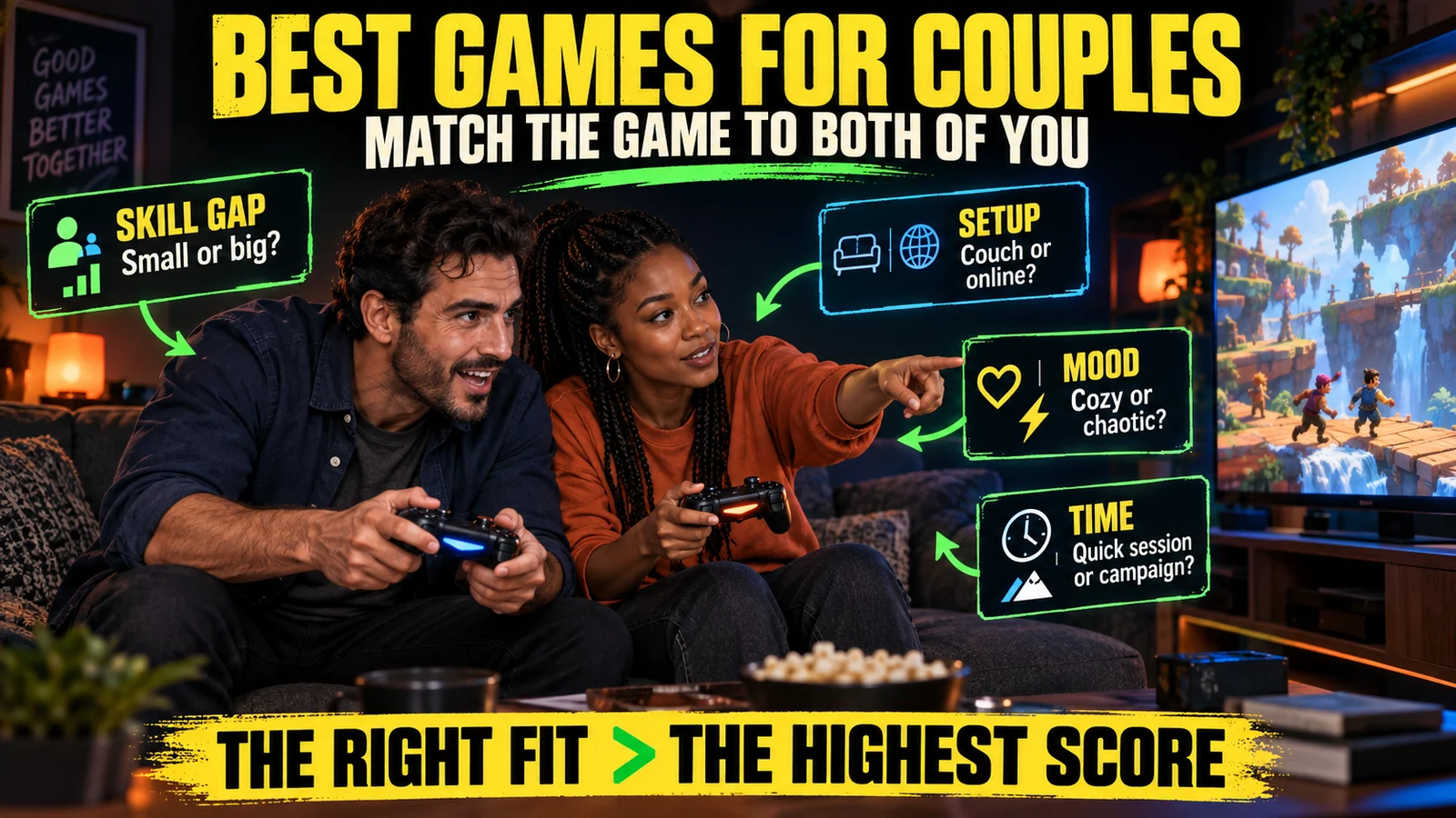 Couple comparing skill gap, couch or online play, mood and session length before choosing a cooperative video game.