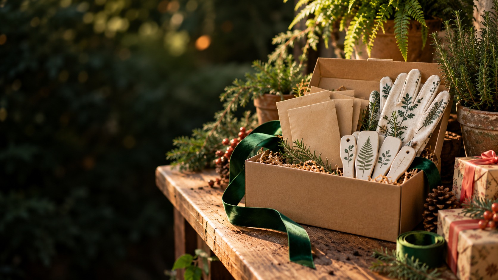 Botanical gloves, plant markers and seed envelopes in a gift box