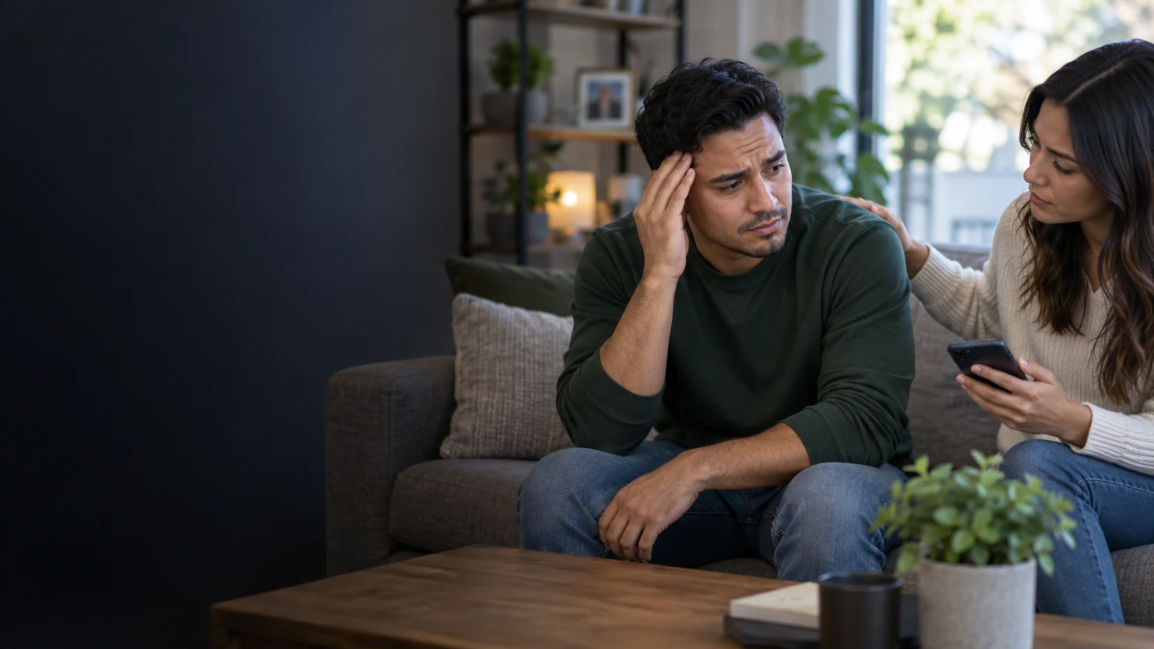 Concerned adult after a head impact sitting with a companion who is ready to call for help