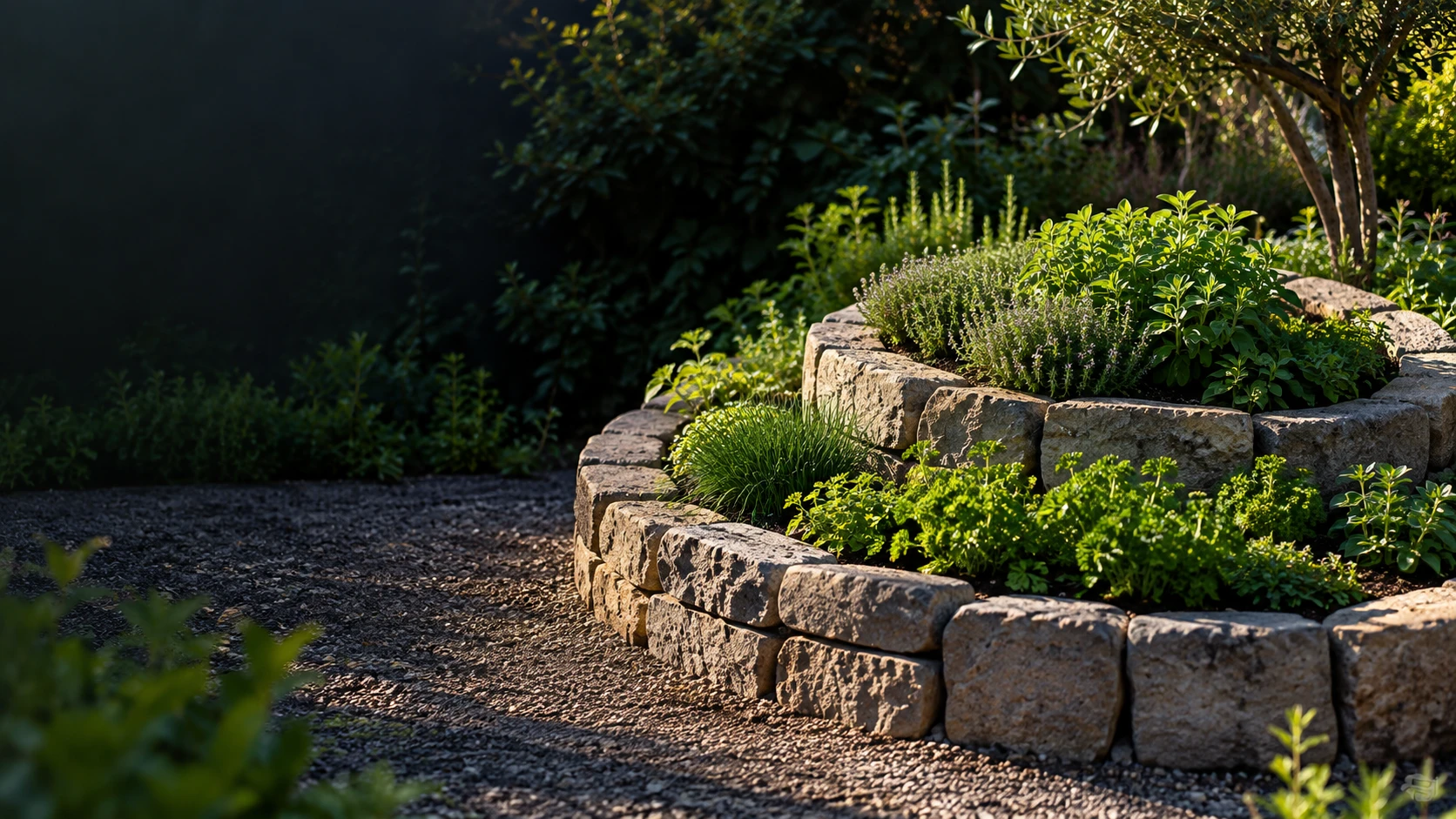 Low stone herb spiral in a shaded backyard with bright herb foliage