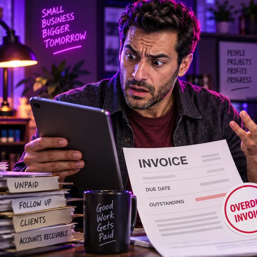 Small-business owner reviewing an overdue invoice on a tablet