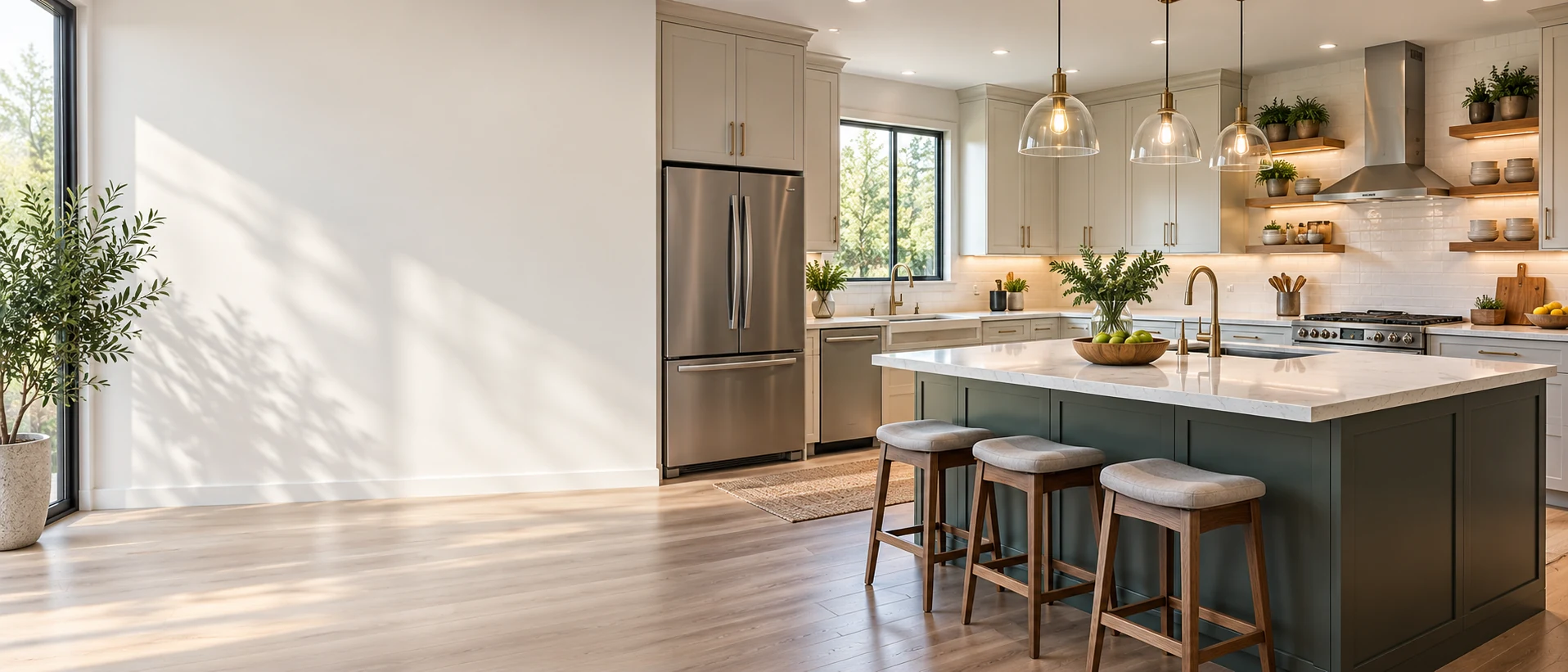 Bright modern kitchen with island, layered lighting, storage and open circulation