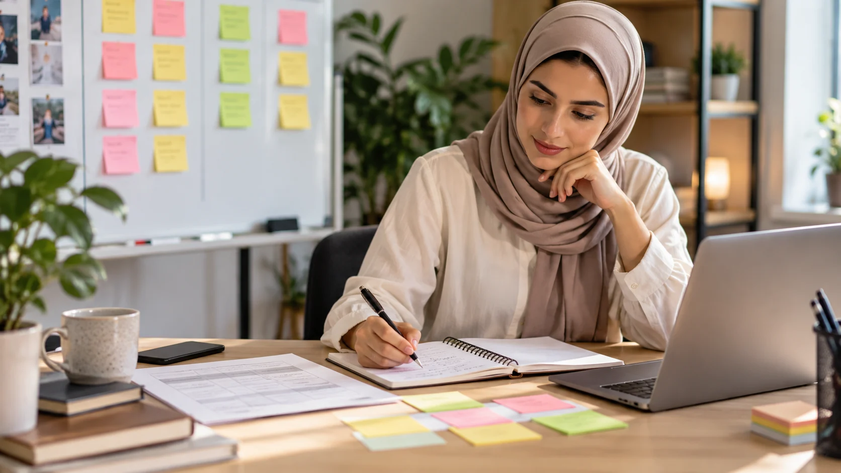 Business owner reviewing customer research, notes and market evidence at a desk.