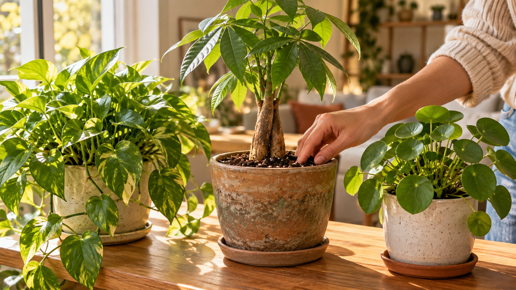 A hand checking the soil of a money tree beside pothos and Chinese money plant