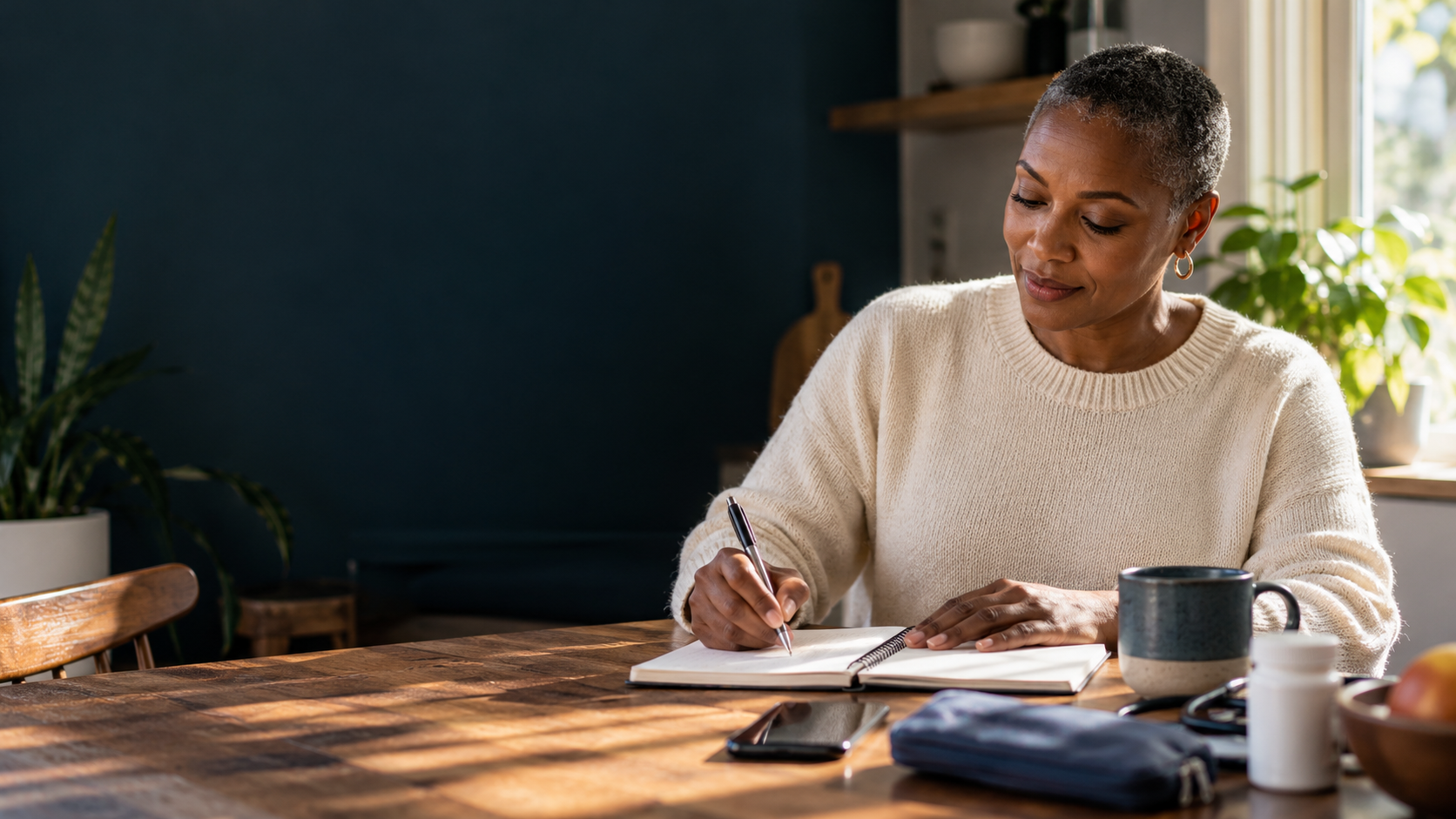 Woman preparing a notebook for a healthcare appointment