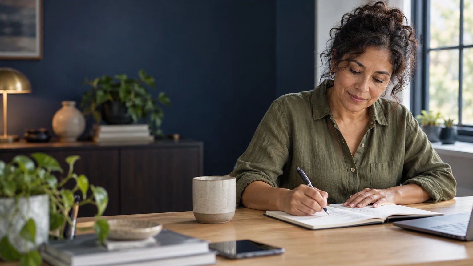 Woman preparing a short appointment note at a desk