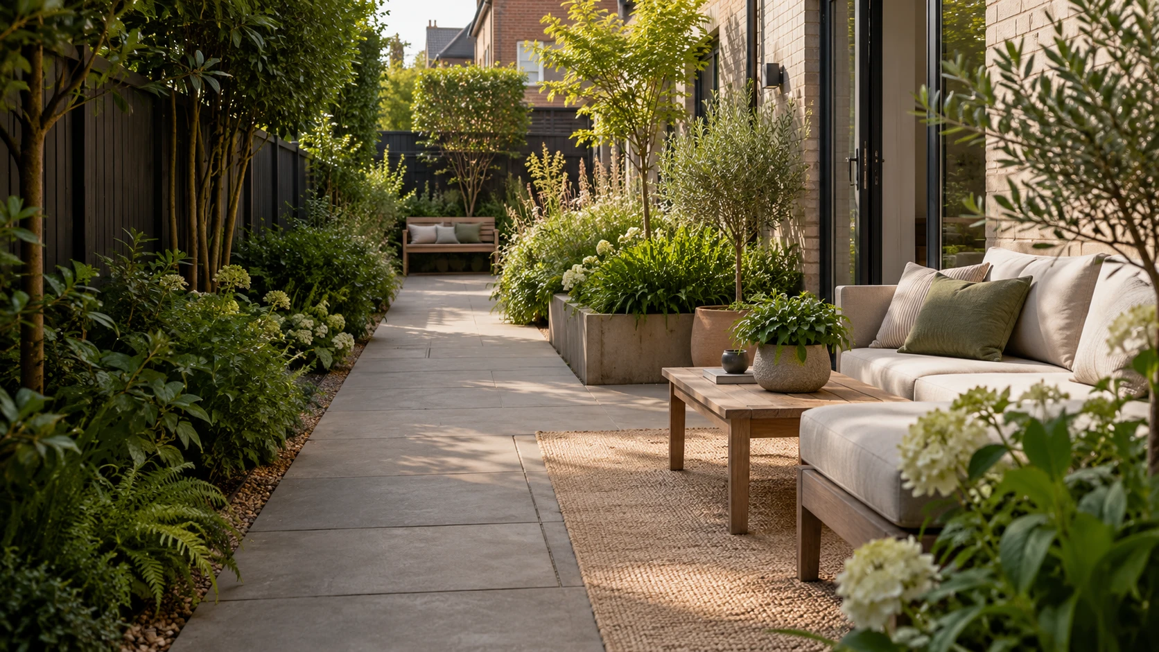 A narrow garden with a clear route and compact seating