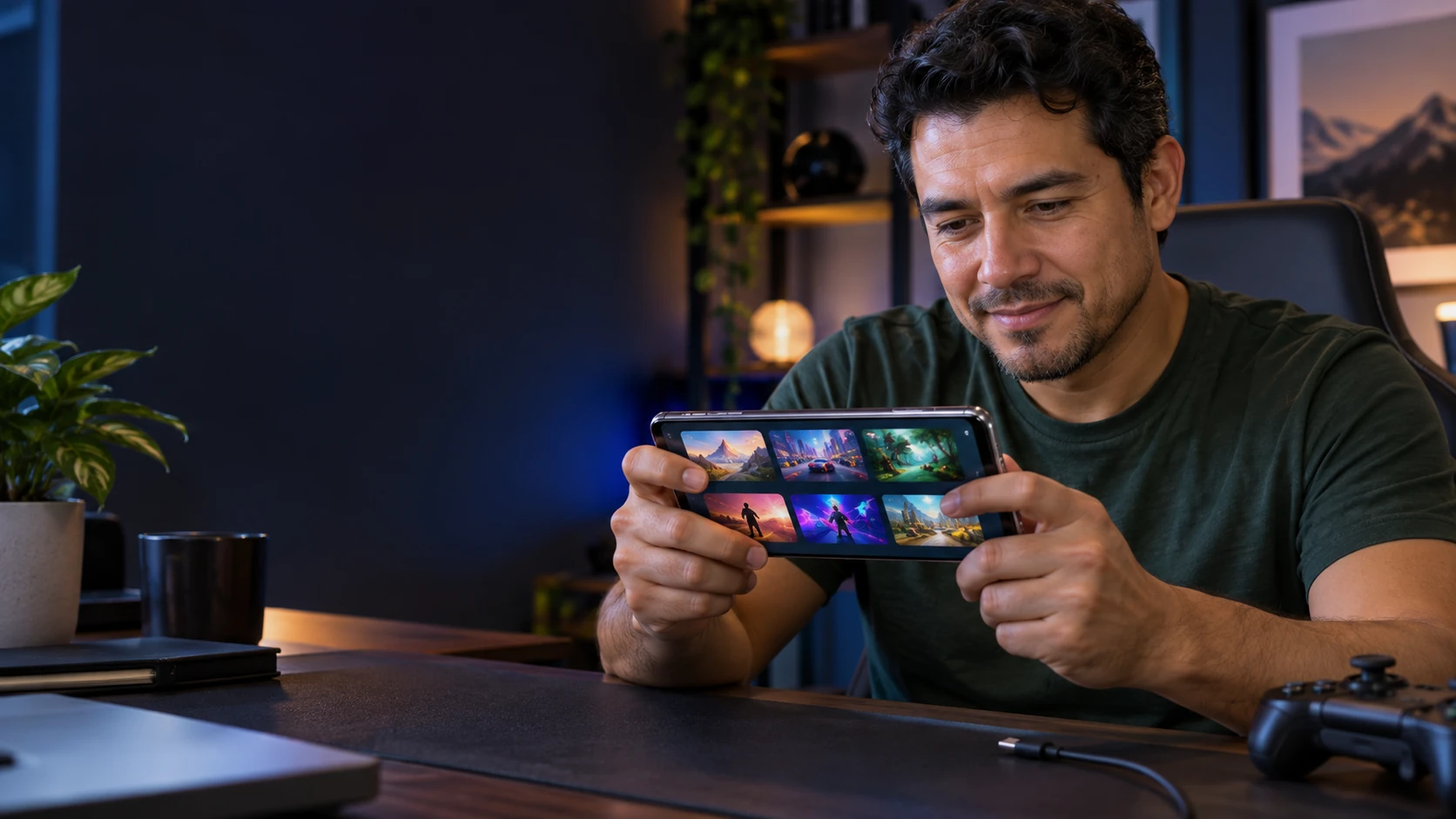 Mobile gamer comparing game choices on a large smartphone at a desk
