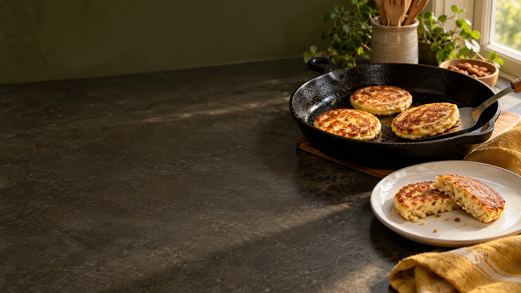 Small almond-flour pancakes beside a wide spatula in a home kitchen
